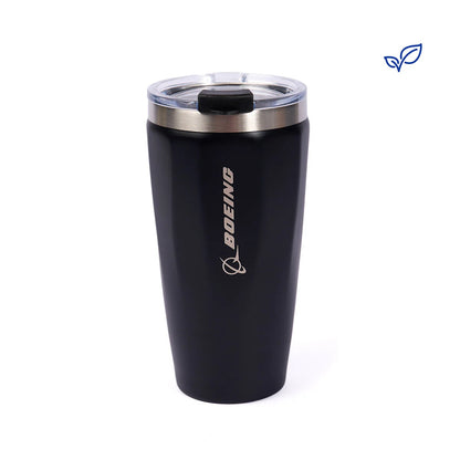 “Boeing sustainable 17oz black tumbler with logo and clear spill-resistant lid”