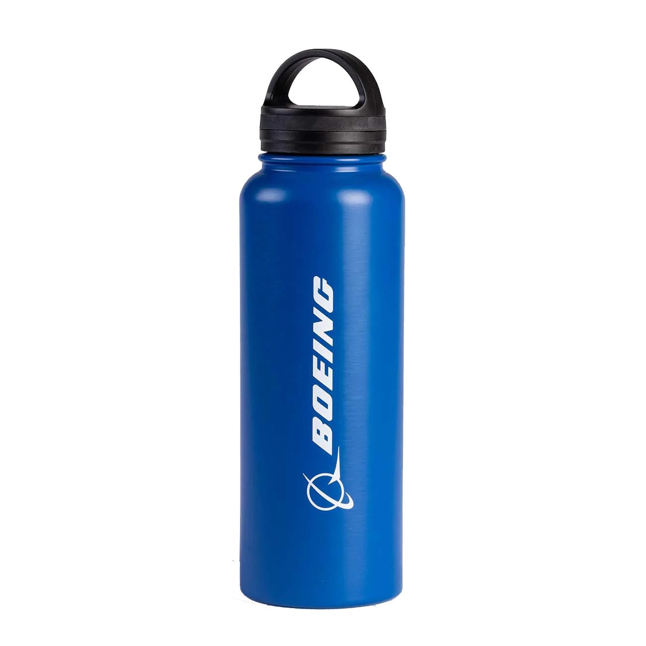 Boeing Signature Logo 32 oz royal blue stainless steel water bottle with black flip-top lid