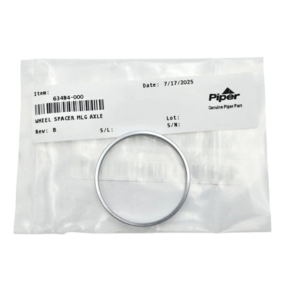 Piper Aircraft wheel spacer 63484-000 sealed in clear bag with genuine parts label and date code.