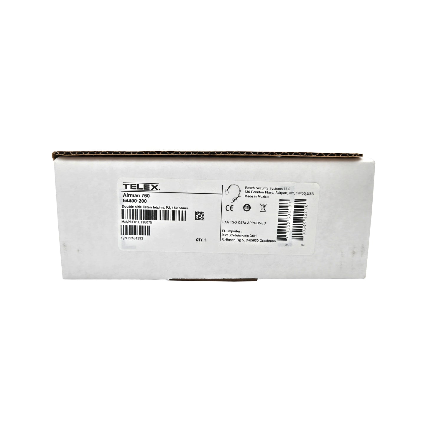 Telex Airman 760 Headphones – Side Panel of Box with Technical Specifications