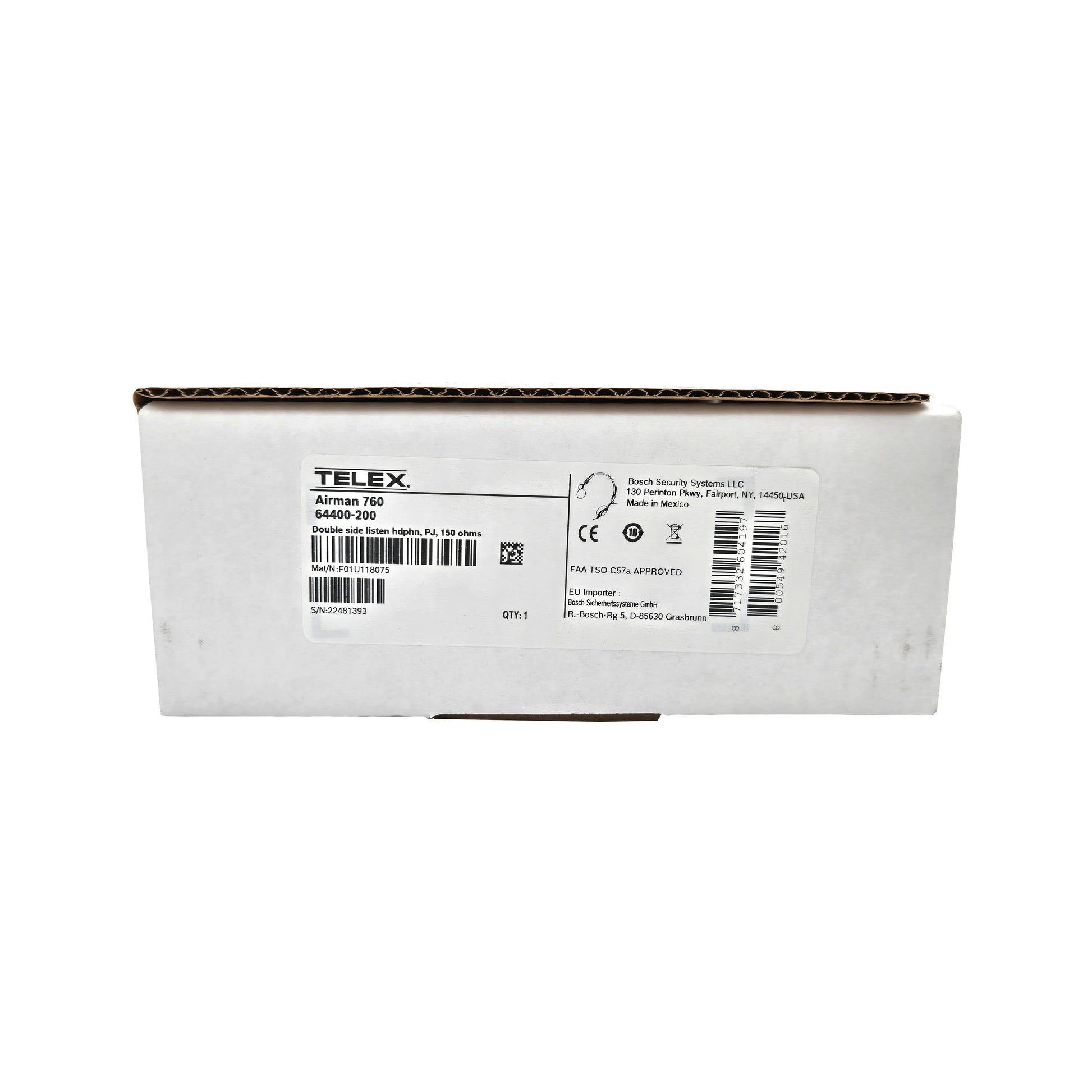 Telex Airman 760 Headphones – Side Panel of Box with Technical Specifications