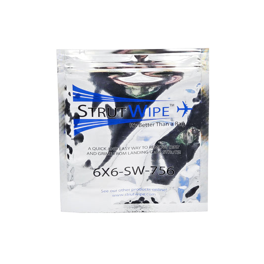 Front view of 6x6 StrutWipes™ package pre-saturated with MIL-PRF-5606 hydraulic fluid, sealed in a foil zip-lock bag
