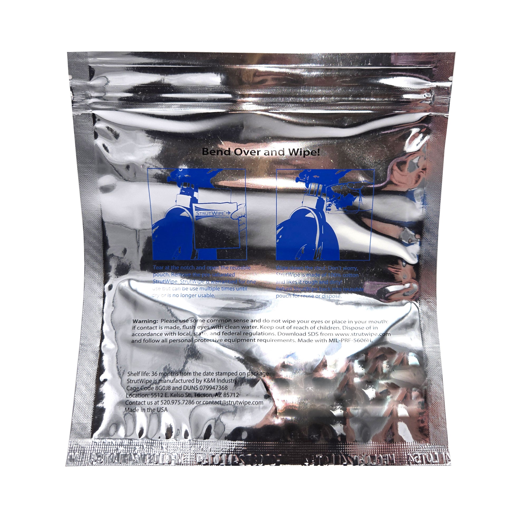 Back view of 6x6 StrutWipes™ tamper-proof foil pouch showing usage instructions and compliance details