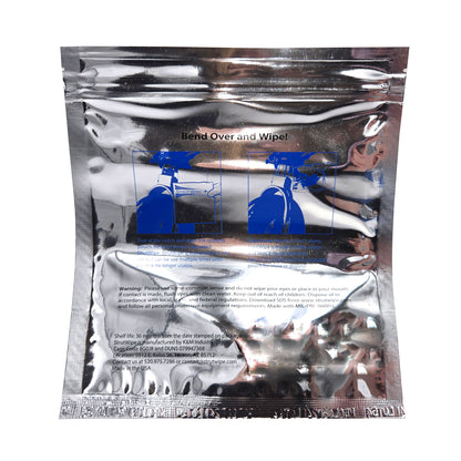 Back view of 6x6 StrutWipes™ tamper-proof foil pouch showing usage instructions and compliance details