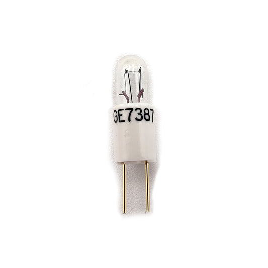 GE Incandescent Lamp 28V 1W 7387 28926 – Upright Bulb with Printed SKU and Prongs Visible