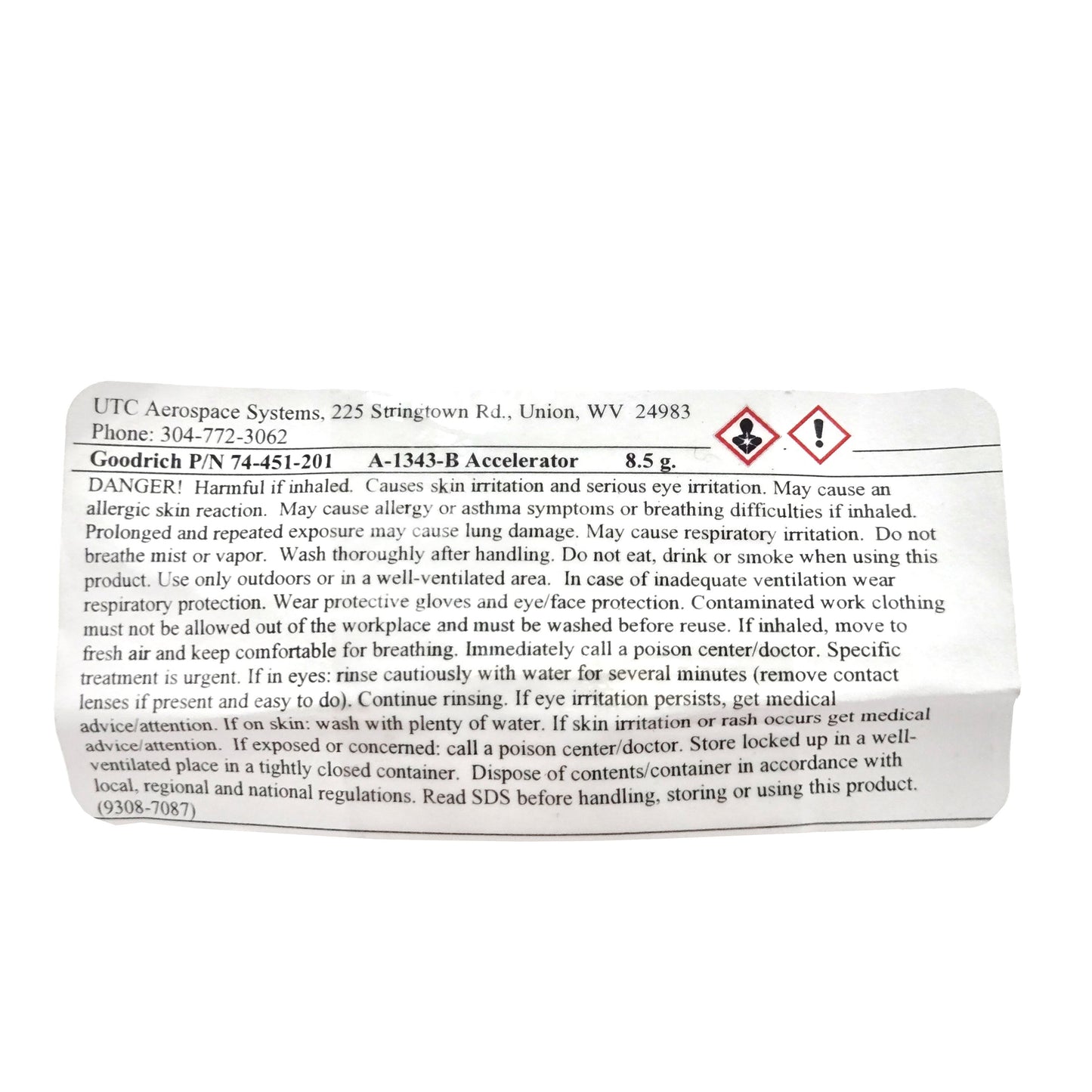 Full warning label of Goodrich Adhesive Accelerator 74-451-201 showing hazard symbols and safety statements.