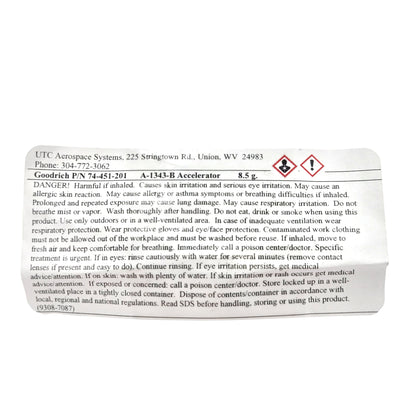 Full warning label of Goodrich Adhesive Accelerator 74-451-201 showing hazard symbols and safety statements.