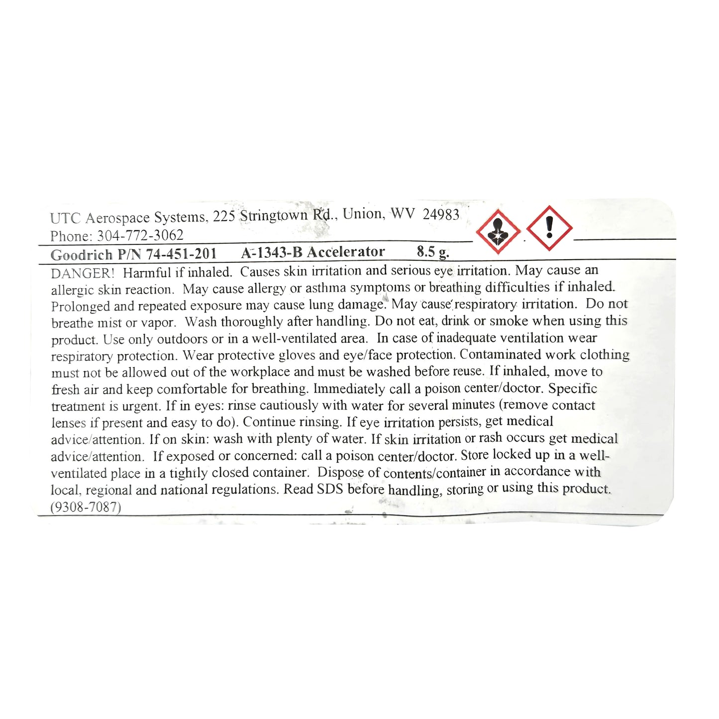 Goodrich Pneumatic De-Icer Pinhole Repair Kit 8.5 g A-1343-B accelerator label - P/N 74-451-201, adhesive curing agent