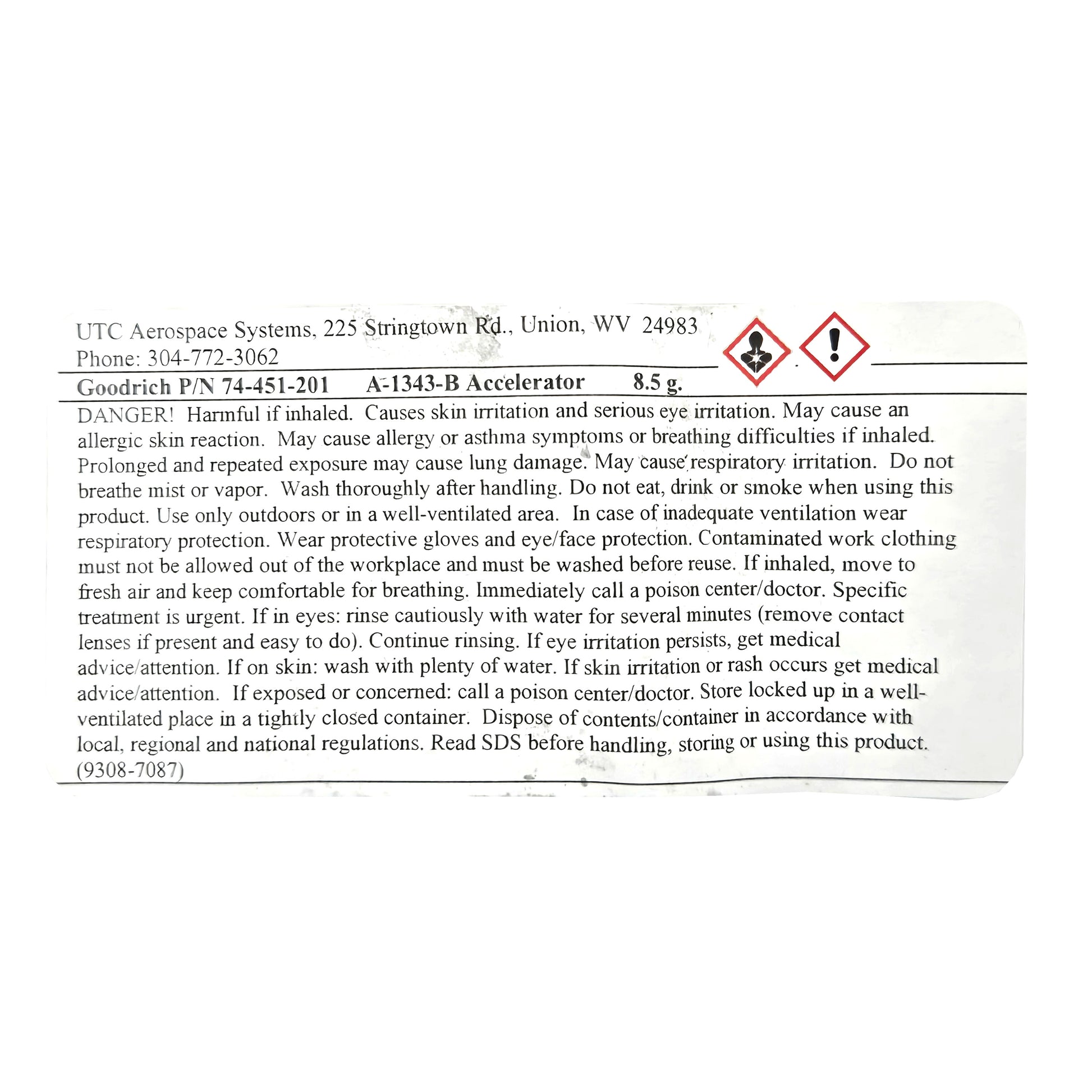 Goodrich Pneumatic De-Icer Pinhole Repair Kit 8.5 g A-1343-B accelerator label - P/N 74-451-201, adhesive curing agent
