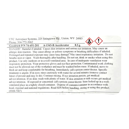Goodrich Pneumatic De-Icer Pinhole Repair Kit 8.5 g A-1343-B accelerator label - P/N 74-451-201, adhesive curing agent