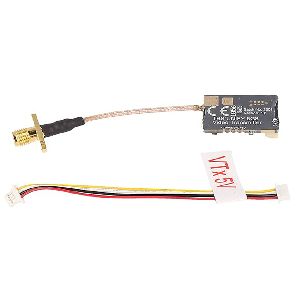 TBS UNIFY PRO 5G8 V3 video transmitter with RP-SMA pigtail and 5V power cable labeled VTX 5V