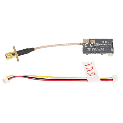 TBS UNIFY PRO 5G8 V3 video transmitter with RP-SMA pigtail and 5V power cable labeled VTX 5V