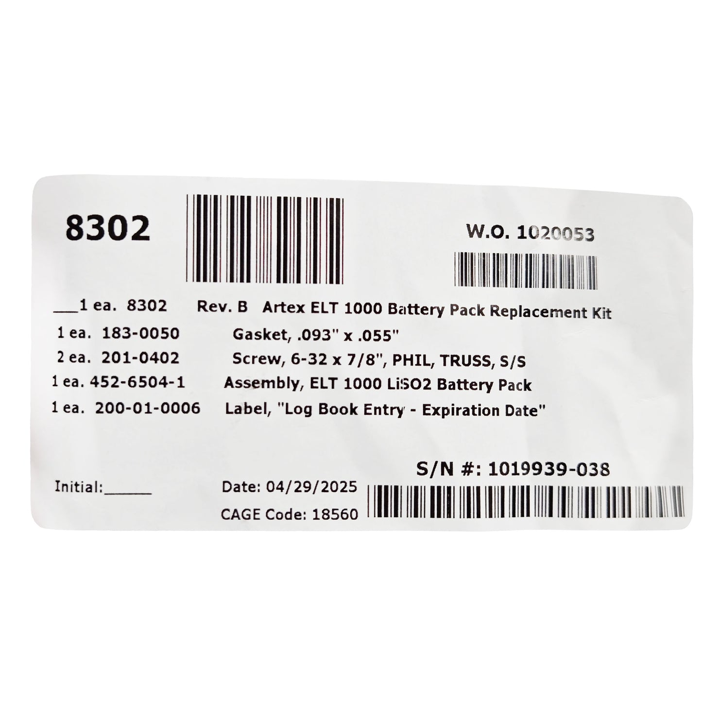 Artex 8302 ELT Battery – Close‑Up of Label Displaying Specifications and Certifications