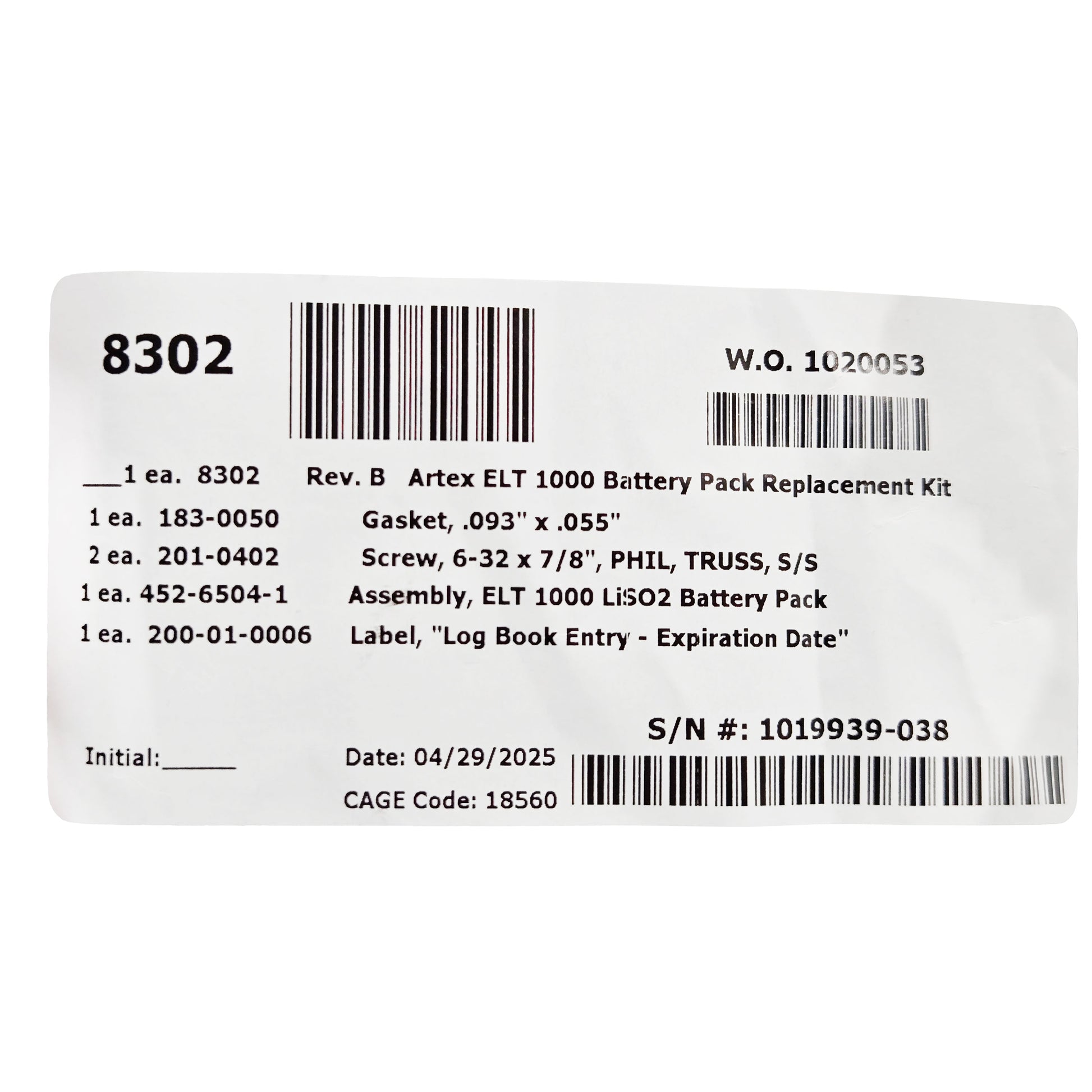 Artex 8302 ELT Battery – Close‑Up of Label Displaying Specifications and Certifications