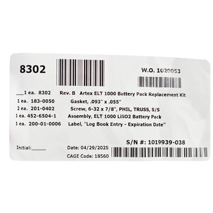 Artex 8302 ELT Battery – Close‑Up of Label Displaying Specifications and Certifications