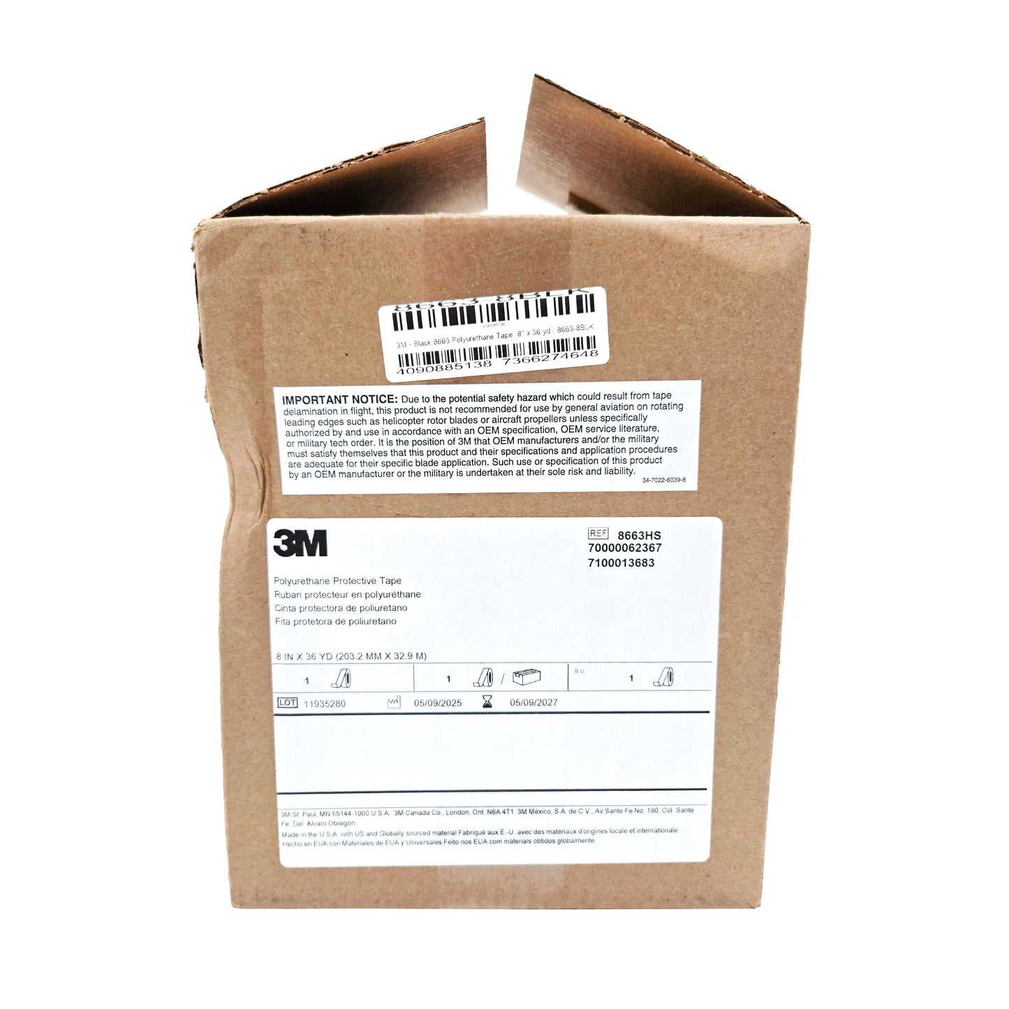 Top-down view of 3M 8663HS polyurethane tape packaging box with detailed product label showing dimensions, safety notice, and barcode