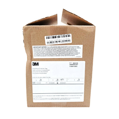 Top-down view of 3M 8663HS polyurethane tape packaging box with detailed product label showing dimensions, safety notice, and barcode