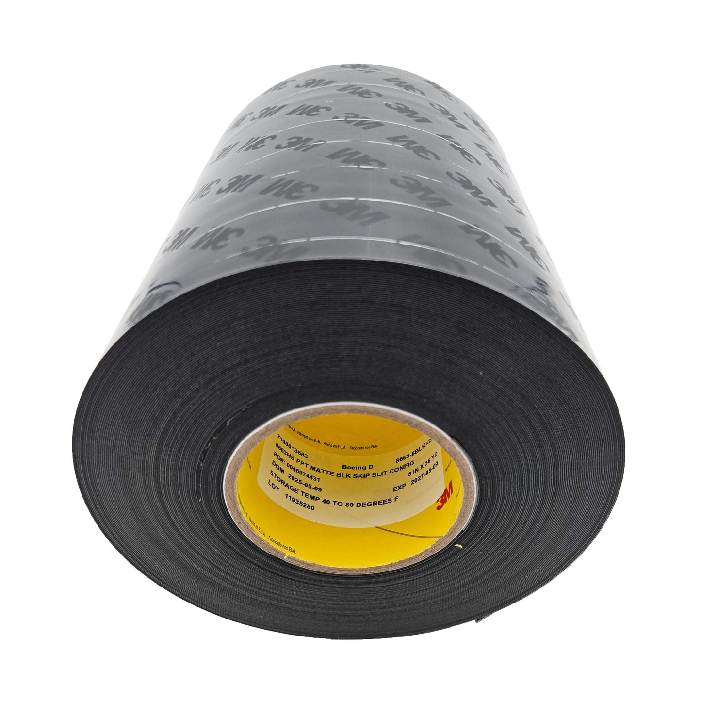 Low-angle view of 3M 8663-8BLK black polyurethane tape roll showing yellow core label with Boeing specification and storage details