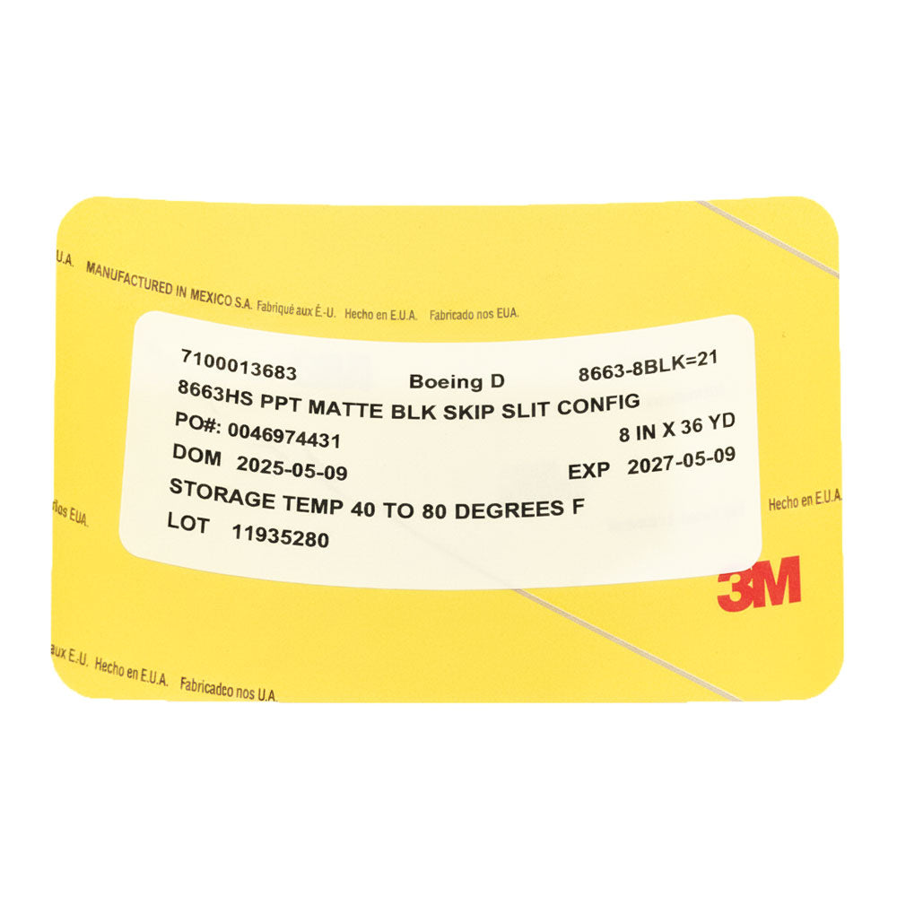 Close-up of 3M 8663HS product label showing size 8 in x 36 yd, Boeing D specification, manufacture and expiration dates, storage instructions