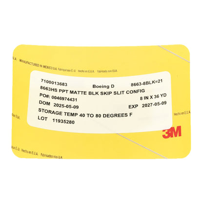 Close-up of 3M 8663HS product label showing size 8 in x 36 yd, Boeing D specification, manufacture and expiration dates, storage instructions