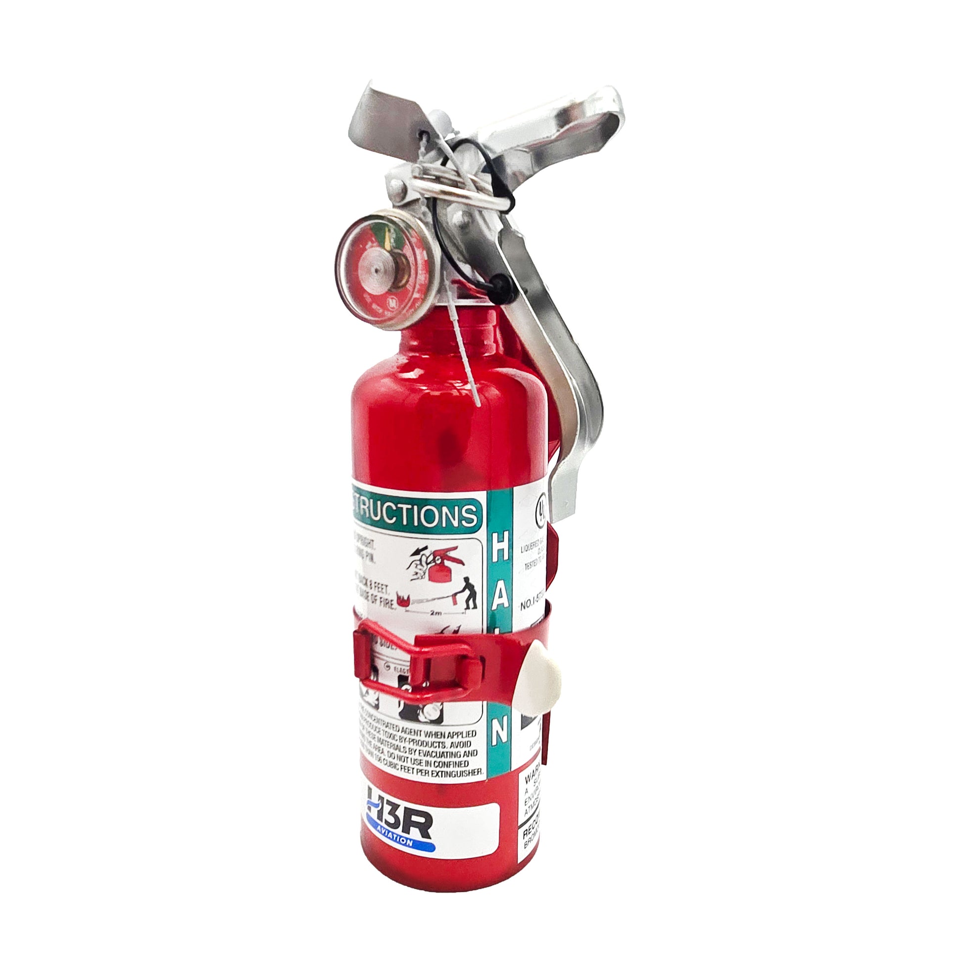 H3R A344T Halon 1211 fire extinguisher upright in red bracket with silver handle, pressure gauge, safety pin, and instruction label