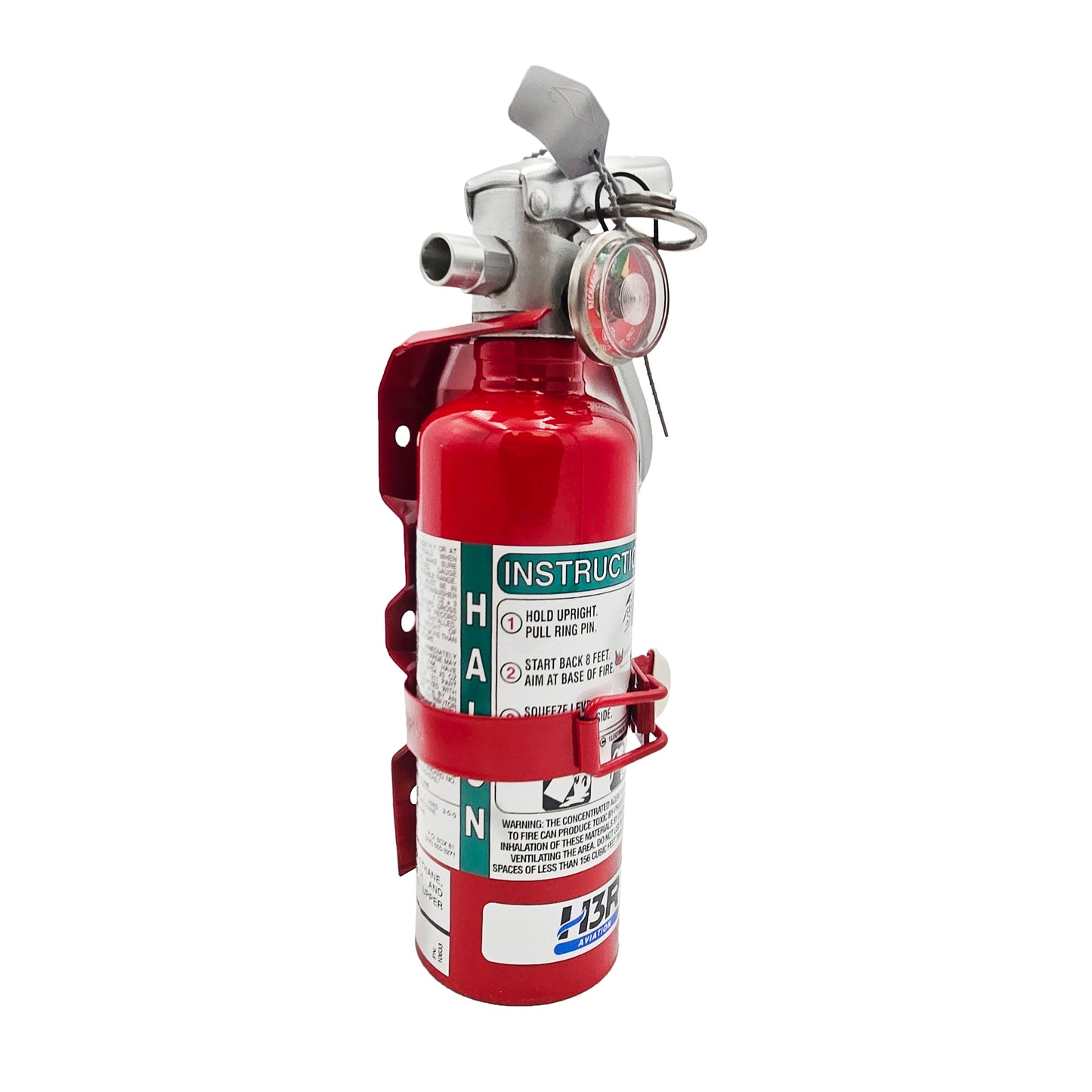 Side view of H3R Aviation A344T Halon 1211 fire extinguisher secured in red mounting bracket with instruction label visible