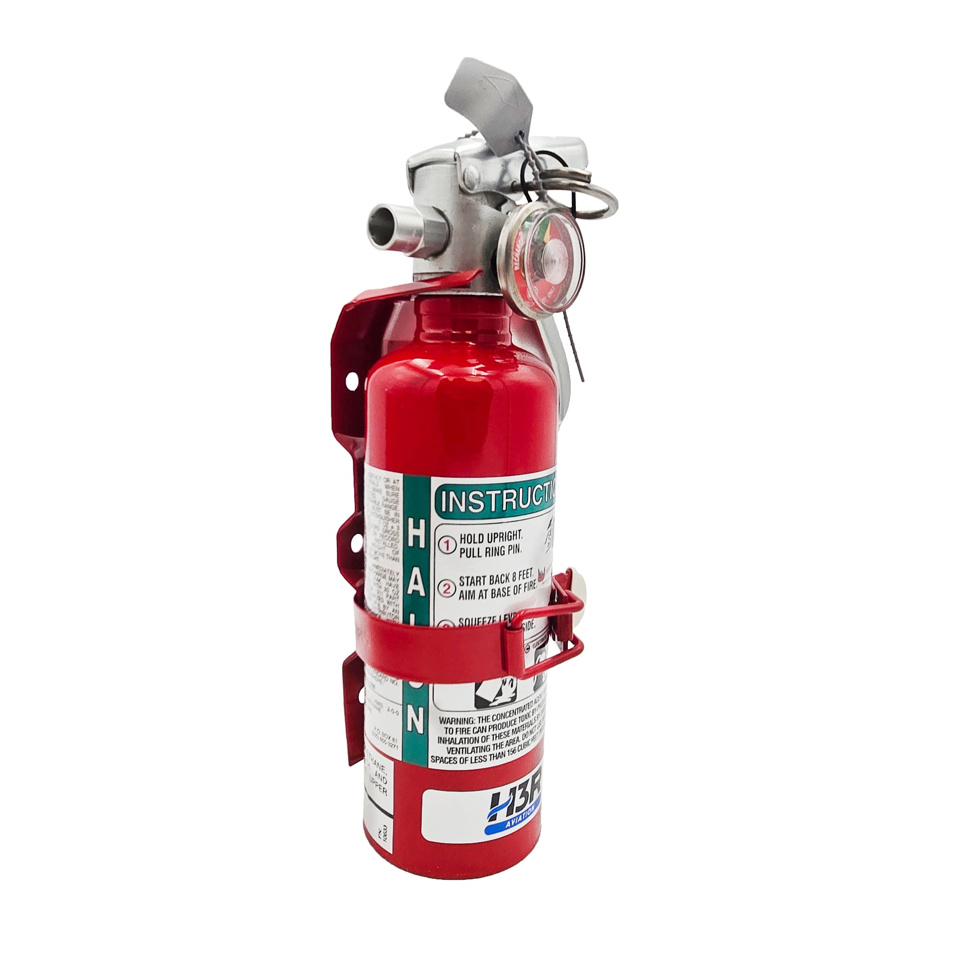 Side view of H3R Aviation A344T Halon 1211 fire extinguisher secured in red mounting bracket with instruction label visible