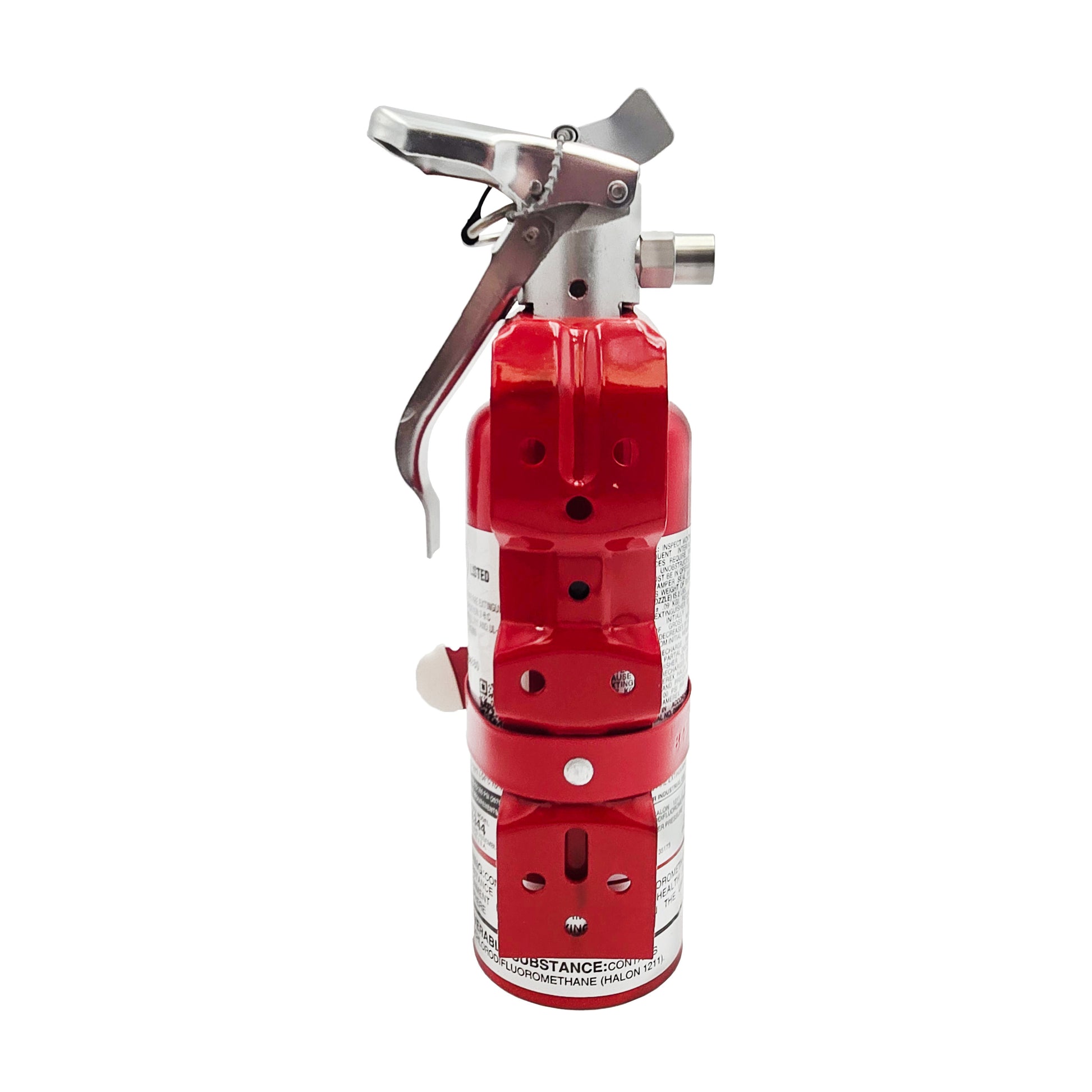 Back view of H3R A344T Halon 1211 fire extinguisher showing mounting bracket, chemical label, and screw hole attachments