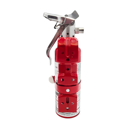 Back view of H3R A344T Halon 1211 fire extinguisher showing mounting bracket, chemical label, and screw hole attachments