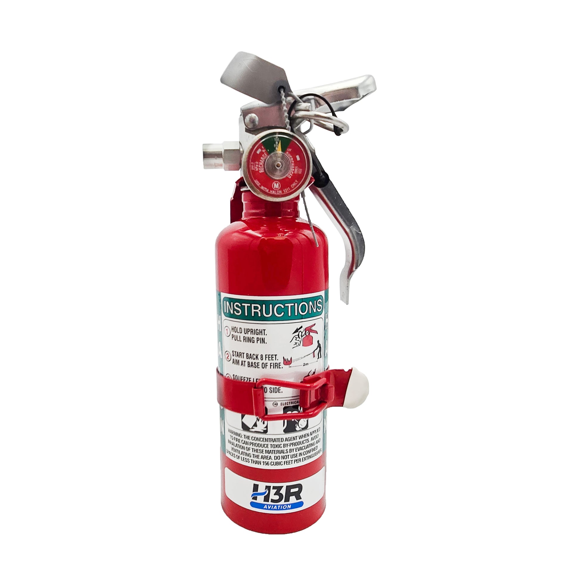 Front view of H3R Aviation A344T Halon 1211 fire extinguisher with instruction label, green pressure gauge, and white mounting bracket