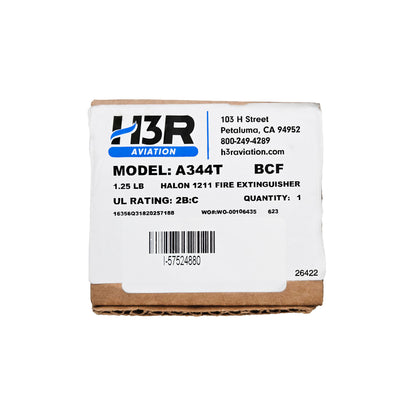 Top of H3R Aviation shipping box with white product label for Model A344T Halon 1211 fire extinguisher, barcode, and UL rating