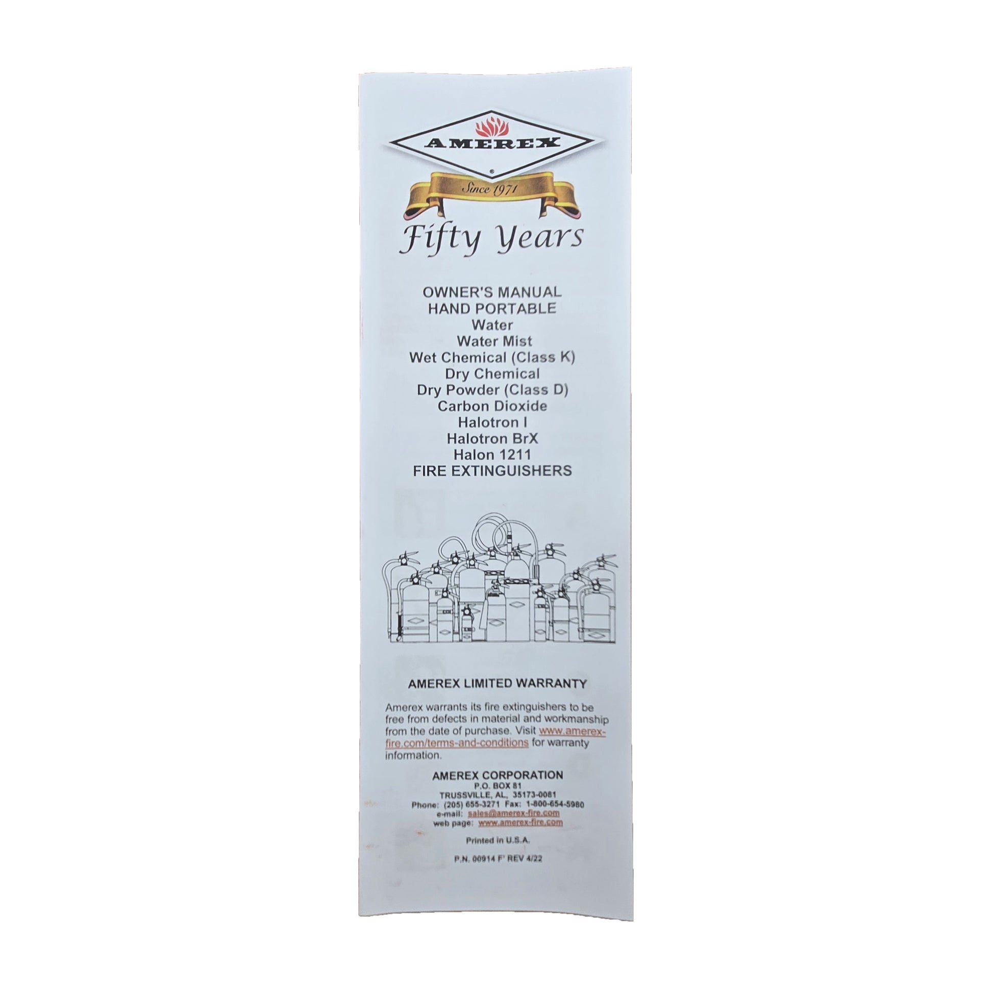 Amerex fire extinguisher owner's manual with company logo, product illustrations, and list of supported extinguisher types including Halon 1211