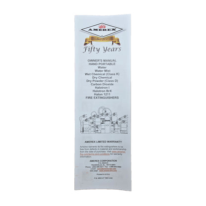 Amerex fire extinguisher owner's manual with company logo, product illustrations, and list of supported extinguisher types including Halon 1211