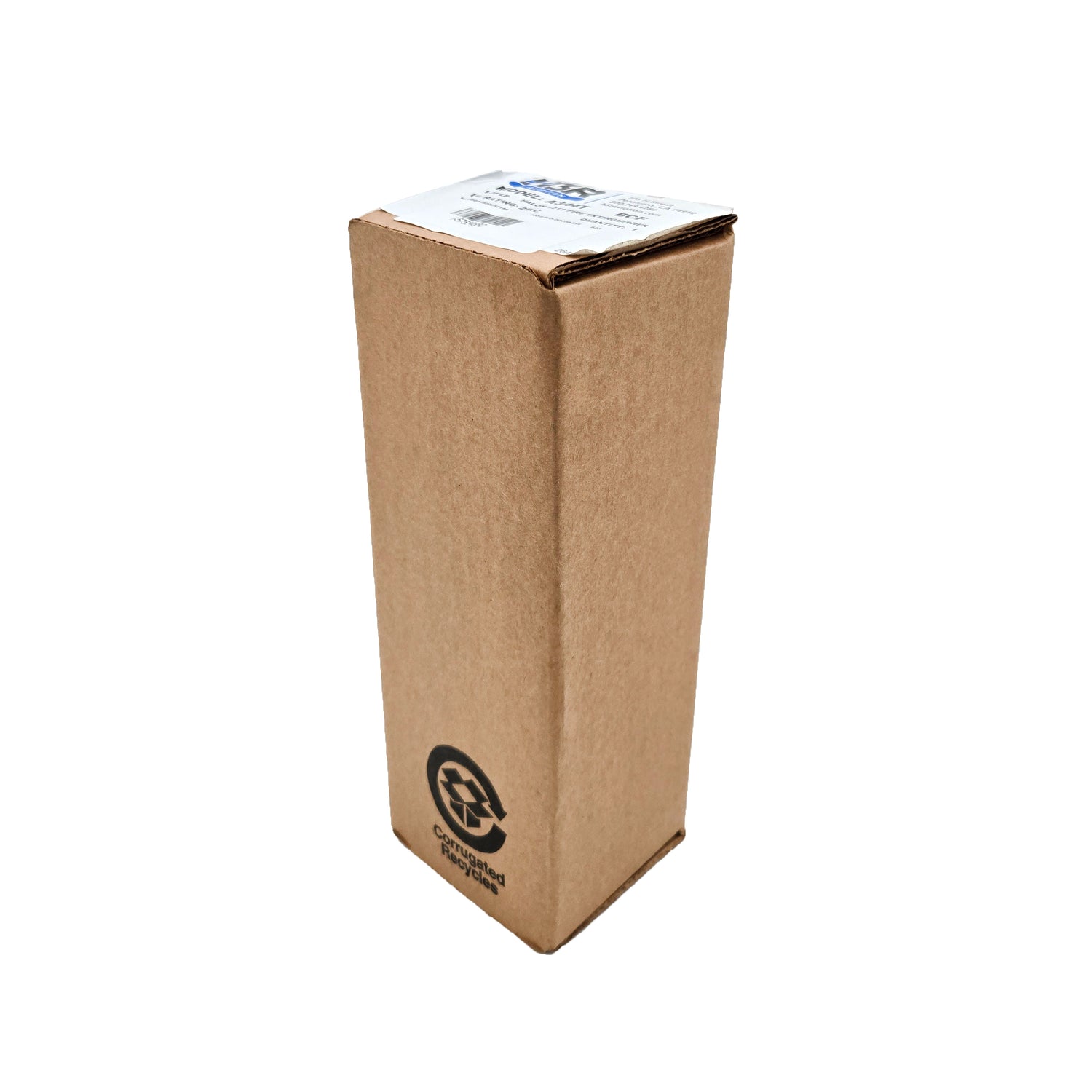 Sealed brown cardboard shipping box for H3R A344T Halon 1211 fire extinguisher with recycling logo and white sticker