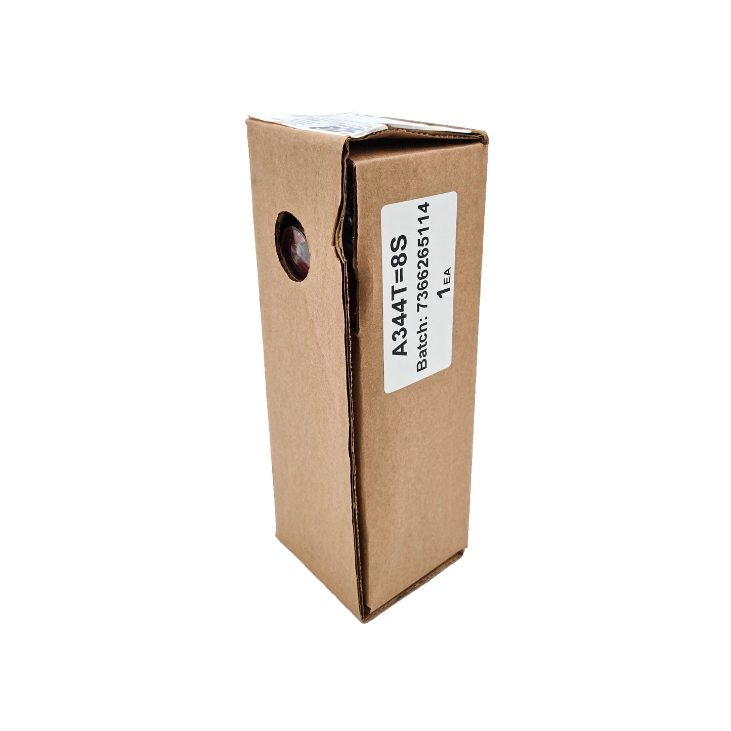 H3R A344T Halon 1211 fire extinguisher box with label showing part number, batch number, and small cutout revealing red canister