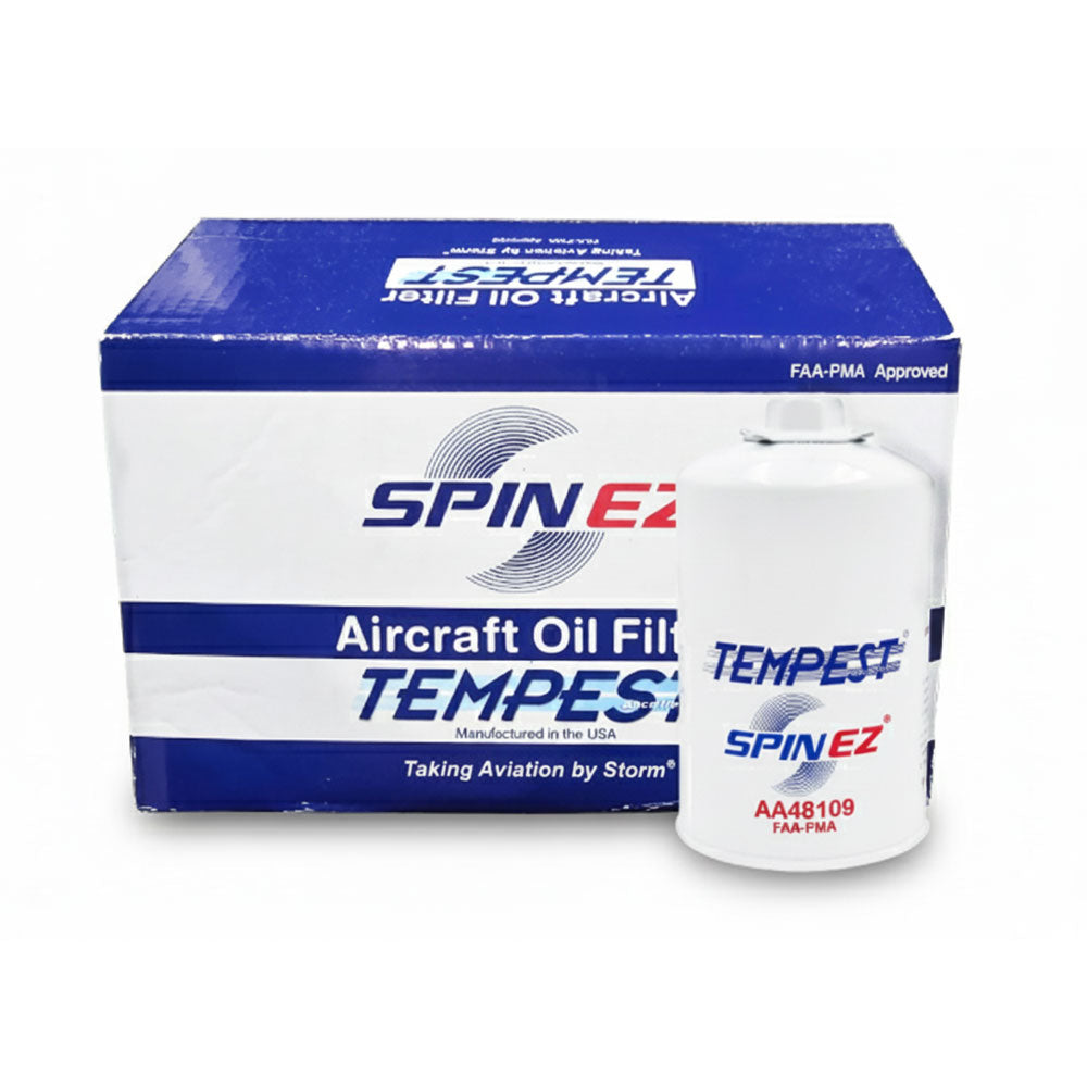Tempest SPIN EZ aircraft oil filter AA48109 with filter displayed in front of branded box, professional product photo