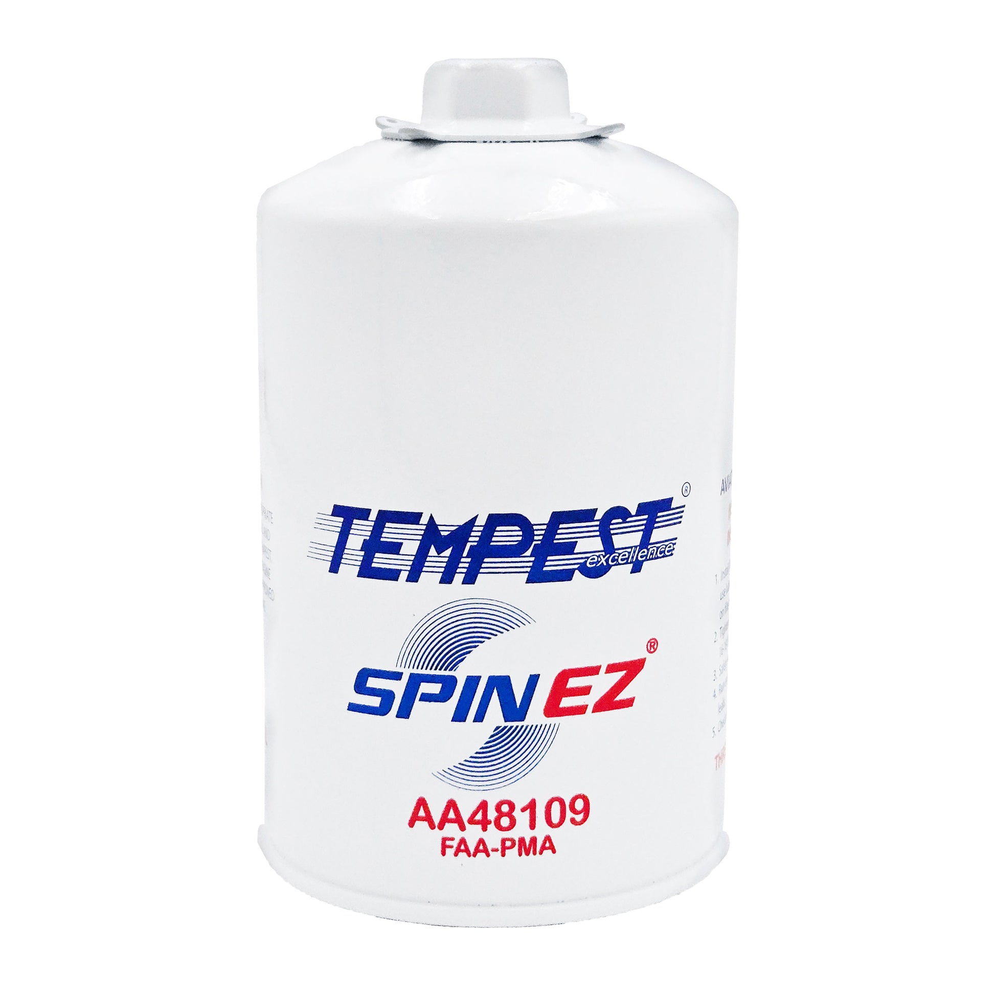 Tempest SPIN EZ AA48109 white aircraft oil filter with blue logo and FAA-PMA approval marking