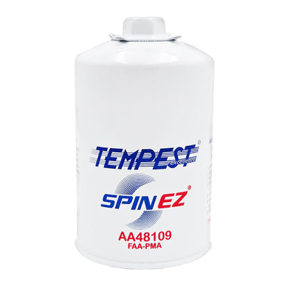 Tempest SPIN EZ AA48109 white aircraft oil filter with blue logo and FAA-PMA approval marking