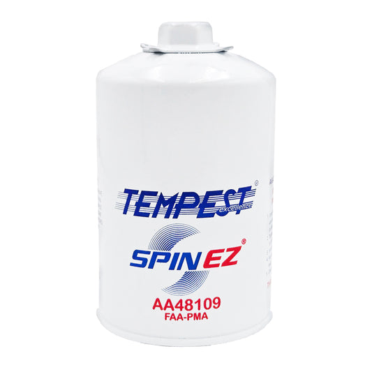 Tempest SPIN EZ AA48109 white aircraft oil filter with blue logo and FAA-PMA approval marking