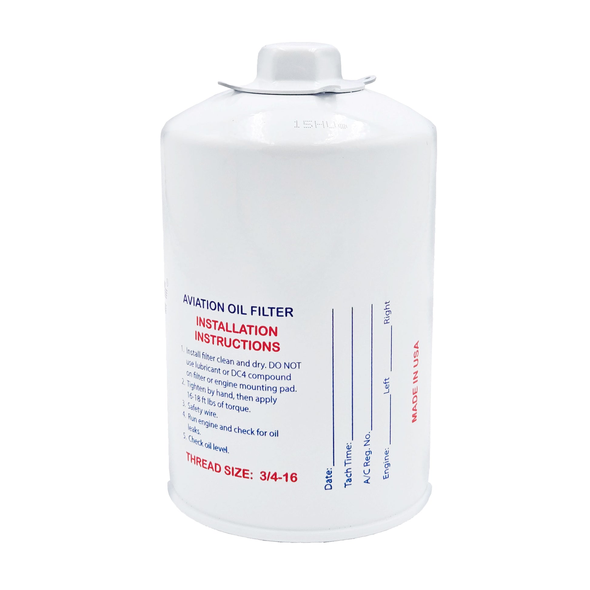 Side view of Tempest SPIN EZ AA48109 aircraft oil filter showing printed aviation oil filter installation instructions