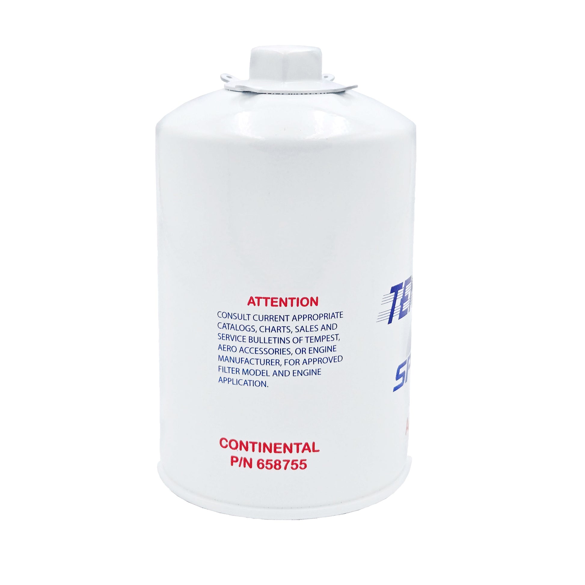 Tempest SPIN EZ AA48109 aircraft oil filter side with red ATTENTION warning and Continental P/N 658755 application note