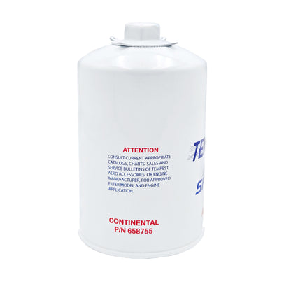 Tempest SPIN EZ AA48109 aircraft oil filter side with red ATTENTION warning and Continental P/N 658755 application note