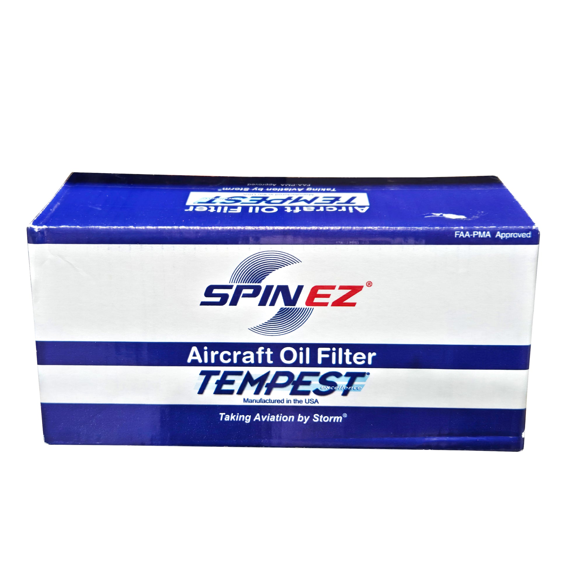 Tempest SPIN EZ aircraft oil filter AA48110-2 retail box with blue and white design, FAA-PMA approved and made in USA
