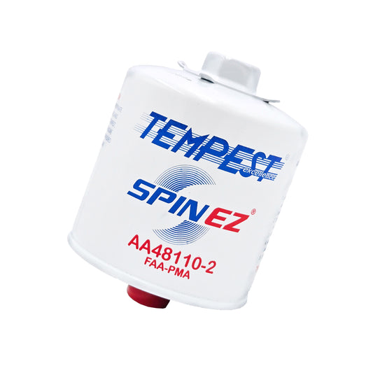 Tempest SPIN EZ aircraft oil filter AA48110-2 angled view with FAA-PMA approval marking and red bottom plug