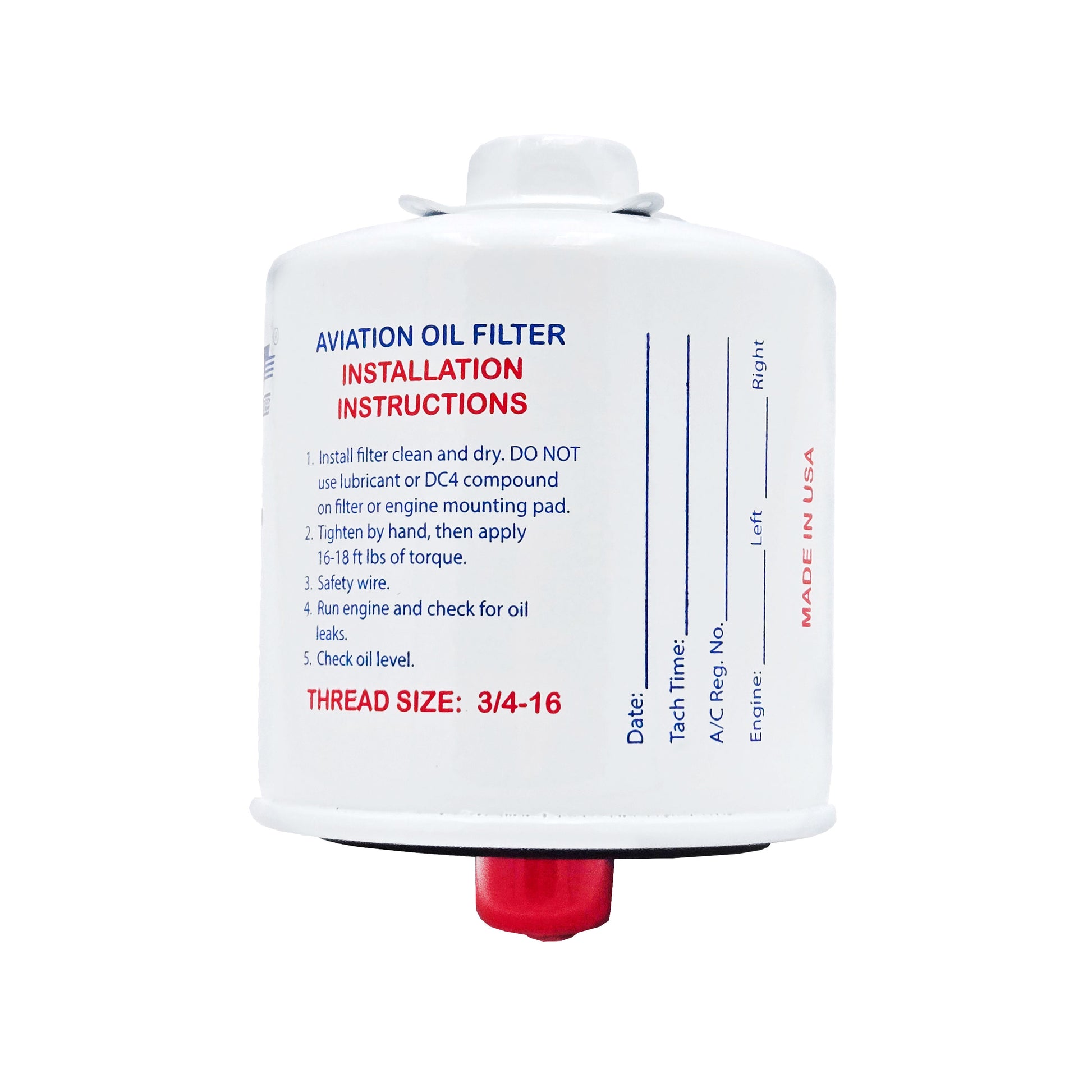 Tempest SPIN EZ AA48110-2 aircraft oil filter with printed installation instructions and maintenance log fields