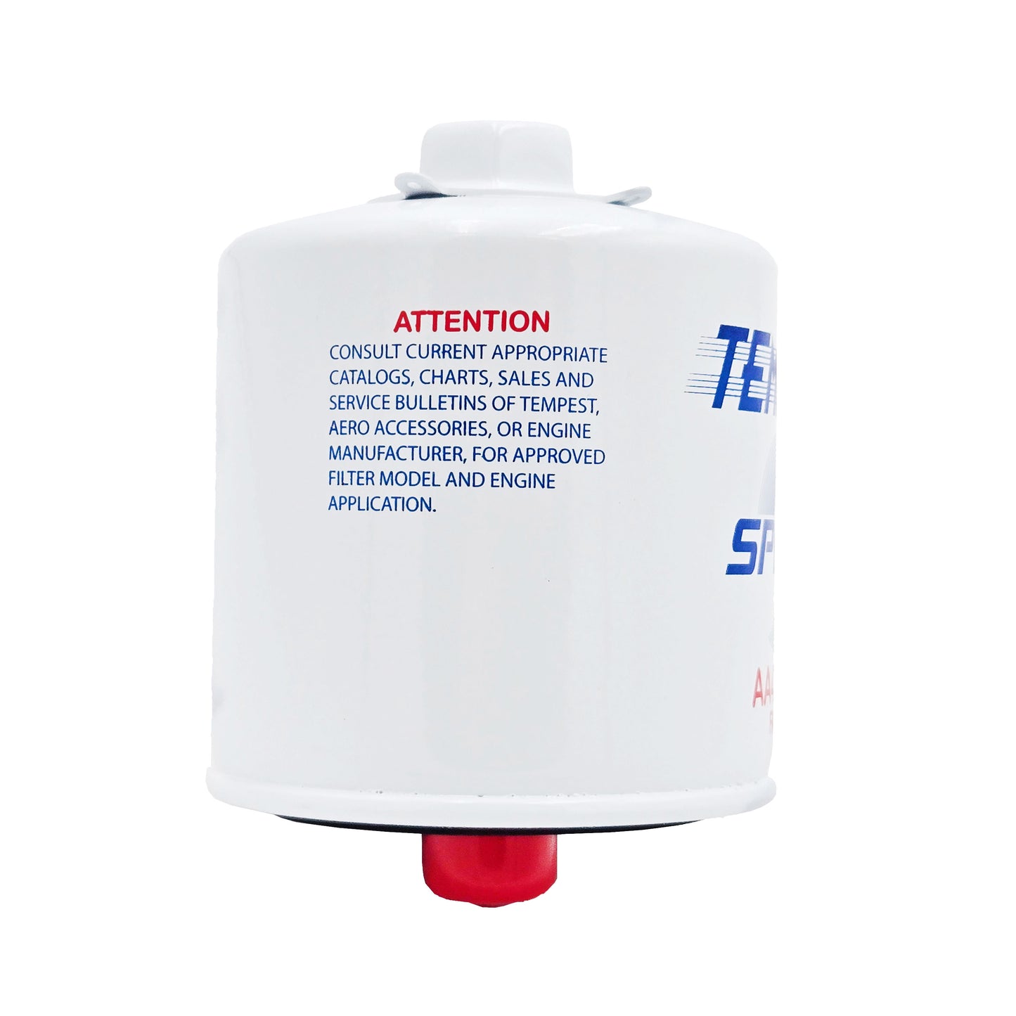 Side of Tempest SPIN EZ AA48110-2 aircraft oil filter showing red ATTENTION warning and application instructions