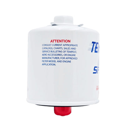 Side of Tempest SPIN EZ AA48110-2 aircraft oil filter showing red ATTENTION warning and application instructions