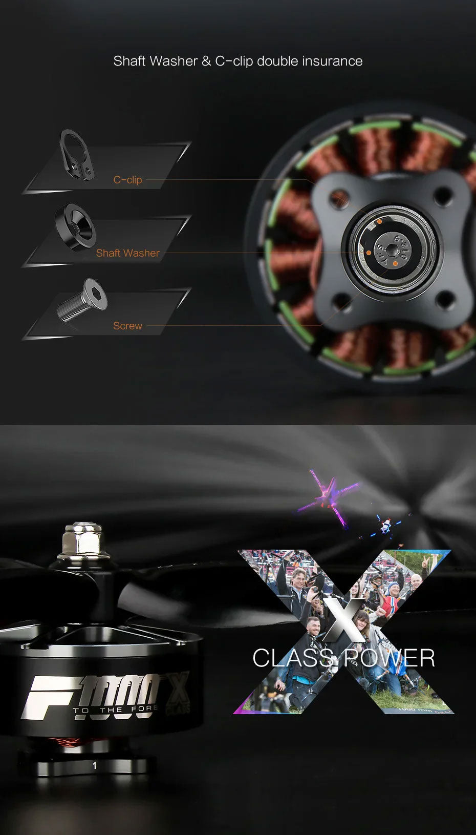 Close-up of T-Motor F1000 300KV motor showing shaft washer, C-clip assembly, and X-Class power branding with high-performance visuals
