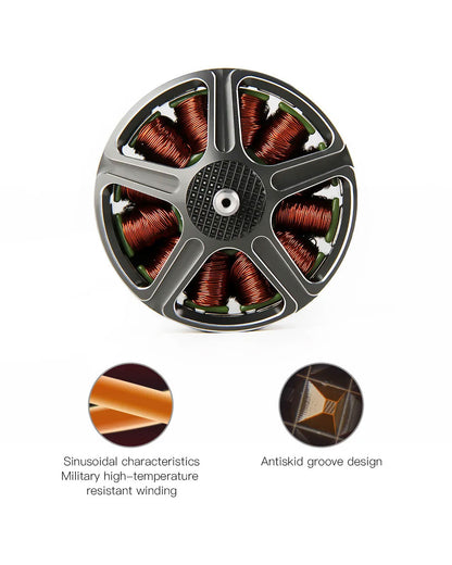 Top view of T-Motor F1000 300KV motor highlighting high-temperature resistant windings and antiskid groove design for enhanced durability