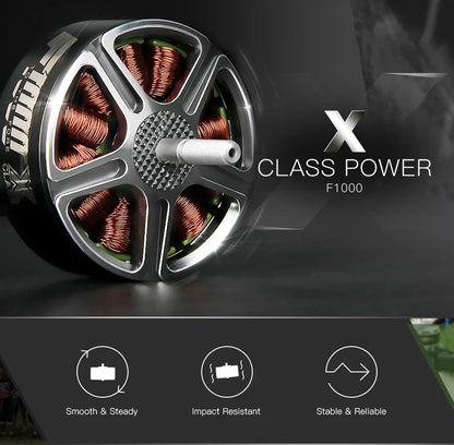 T-Motor F1000 300KV X-Class motor angled view showcasing internal copper windings and performance icons for smooth, impact-resistant, and stable operation